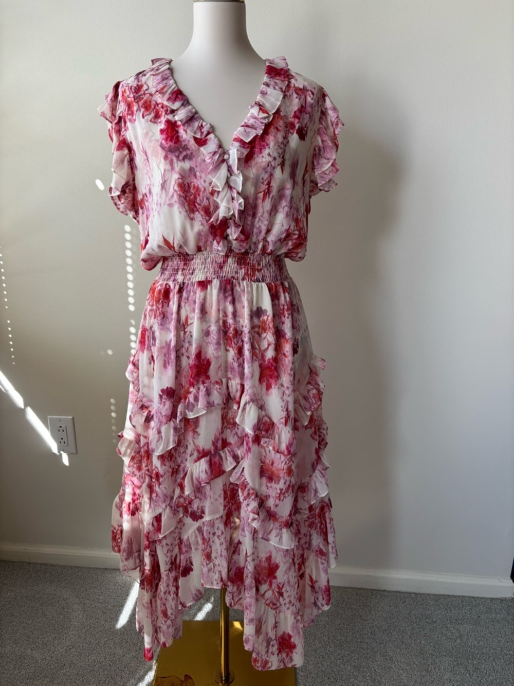 Misa Los Angeles Pink and White Floral Ruffle Midi Dress